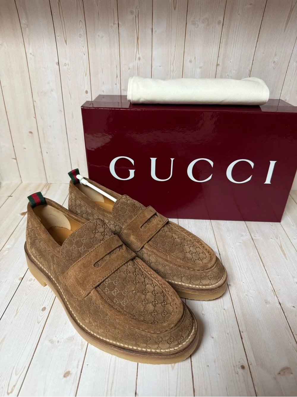 Gucci Luxury Suede Microguccissima Loafers Nocciola Brown Sz 8.5G / 9US